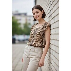 Michael Kors \Leopard Print Top Semi Sheer Flutter Sleeves Womans Sz 16